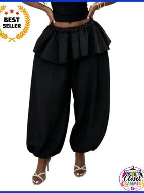 Women Baggy Balloon Harem Pants Ruffle Skirt Overlay Bubble Joggers